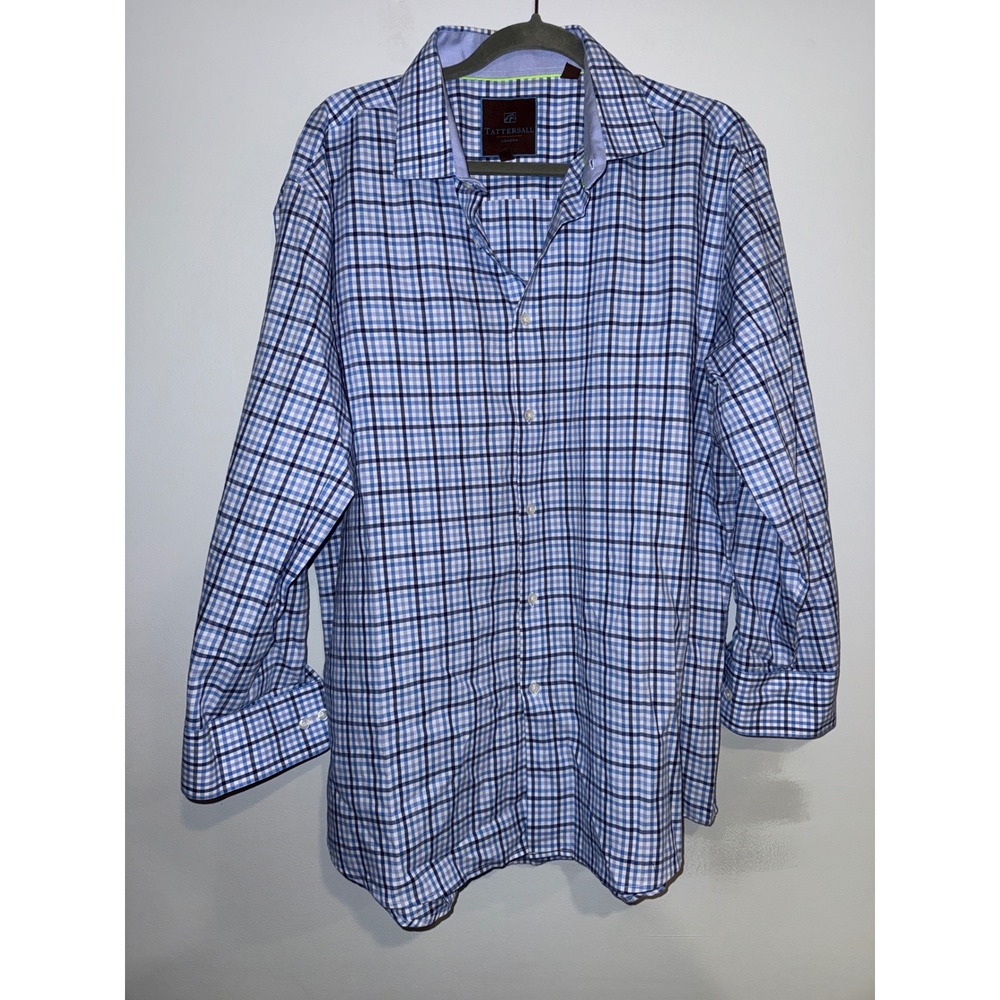 Tattersall London Mens Blue Plaid Button Down Long Sleeve Dress Shirt 17.5 32/33